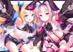  2girls :d animal arm_up armpits azur_lane bare_shoulders belt belt_buckle black_bow black_hairband black_jacket black_ribbon black_shorts black_skirt blonde_hair blue_belt blue_eyes blush bow buckle collared_shirt commentary_request crop_top hair_ornament hair_ribbon hairband hobby_(azur_lane) jacket kabocha_usagi kalk_(azur_lane) long_hair long_sleeves midriff miniskirt multicolored_hair multiple_girls navel off_shoulder open_mouth outstretched_arm pink_belt pink_legwear puffy_long_sleeves puffy_sleeves rabbit red_eyes ribbon see-through shirt short_shorts shorts signature silver_hair skirt sleeveless sleeveless_shirt smile streaked_hair suspender_shorts suspender_skirt suspenders thigh-highs very_long_hair white_hair white_shirt zettai_ryouiki 