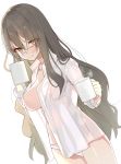  1girl blush breasts brown_hair coffee_mug commentary_request cowboy_shot cup dutch_angle futaba_rio glasses highres holding holding_cup large_breasts long_hair looking_at_viewer mug no_bra no_pants open_clothes open_shirt panties seishun_buta_yarou shirousa solo underwear white_background white_panties yellow_eyes 