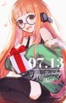  1girl :d black-framed_eyewear black_legwear bow brown_eyes commentary english_commentary gift glasses green_shirt grey_background headphones heart holding holding_gift k_(sktchblg) long_hair long_sleeves looking_at_viewer open_mouth orange_hair persona persona_5 red_bow sakura_futaba shirt simple_background smile solo thigh-highs very_long_hair zettai_ryouiki 
