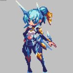  1girl armor blue_eyes blue_hair eyepatch full_body horn kyoke=ka long_hair nintendo pauldrons pixel_art polearm sakuemon seori_(xenoblade) short_hair simple_background solo weapon xenoblade_(series) xenoblade_2 