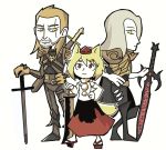  1girl 2boys :3 animal_ears armor belt blonde_hair boots brown_gloves brown_hair character_request commentary_request copyright_request crossover detached_sleeves eyebrows_visible_through_hair geralt_of_rivia gloves hair_slicked_back hand_on_hilt hat height_difference holding holding_sword holding_weapon inubashiri_momiji long_sleeves metal_boots multiple_boys o-ring red_eyes red_skirt sandals scar scar_across_eye setz short_hair silver_hair simple_background skirt smile sword tail the_witcher tokin_hat touhou trait_connection weapon white_background wolf_ears wolf_tail yellow_eyes 