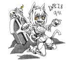  1girl :d animal_ears bangs breasts candle cat_ears cat_tail cheshire_cat_(monster_girl_encyclopedia) claw_pose cleavage dated greyscale halloween high_heels inktober kneeling looking_at_viewer monochrome monster_girl monster_girl_encyclopedia navel open_mouth orange_eyes panties ramenwarwok scar sharp_teeth short_hair simple_background skeleton skull smile solo spot_color surgical_scar tail teeth tombstone underwear white_background 