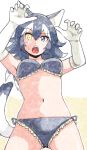  1girl animal_ears ass_visible_through_thighs bikini black_hair blue_eyes breasts commentary_request elbow_gloves eyebrows_visible_through_hair fangs frilled_bikini frills gloves grey_wolf_(kemono_friends) hair_between_eyes hands_up heterochromia highres kemono_friends long_hair medium_breasts multicolored_hair murakami_kou_(raye) navel open_mouth raised_eyebrow solo swimsuit tail two-tone_hair white_gloves white_hair wolf_ears wolf_tail yellow_eyes 