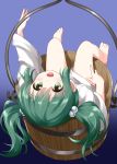  1girl bare_legs barefoot bottomless bucket commentary_request eyebrows_visible_through_hair feet gradient gradient_background green_eyes green_hair hair_bobbles hair_ornament highres in_bucket in_container japanese_clothes kisume long_hair long_sleeves looking_at_viewer lying on_back open_mouth purple_background ruu_(tksymkw) sitting smile solo touhou twintails upside-down wooden_bucket 