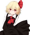  1girl arms_behind_back ascot black_skirt black_vest blonde_hair commentary_request expressionless hair_ribbon highres long_sleeves looking_at_viewer pink_eyes red_neckwear ribbon rumia shirt short_hair simple_background skirt taki_sandstone touhou vest white_background white_shirt wing_collar 