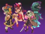  4girls adjusting_mask anglerfish aori_(splatoon) arm_support black_choker black_coat black_dress black_footwear black_hair black_hat blazer bow bracelet brown_jacket chin_rest chinese_clothes choker closed_mouth commentary cosplay cousins demon_horns demon_tail domino_mask dress earrings english_commentary fake_horns fake_tail fang fish_costume ghost_pose glowing glowing_eyes gradient gradient_background gradient_hair green_dress green_eyes green_hair grey_pants grin halloween halloween_costume hat head_tilt high_heels hime_(splatoon) hockey_mask holding holding_knife horns hotaru_(splatoon) iida_(splatoon) invisible_chair jacket jason_voorhees jason_voorhees_(cosplay) jewelry jiangshi_costume knife legs_crossed long_dress long_hair long_sleeves looking_at_viewer mask medium_hair multicolored_hair multiple_girls ofuda open_clothes open_jacket pants pink_eyes pink_hair purple_bow red_dress red_eyes red_footwear redhead sharp_teeth shoes short_dress sitting smile sneakers splatoon splatoon_(series) splatoon_1 splatoon_2 standing strapless strapless_dress tail teeth wide_sleeves wong_ying_chee 
