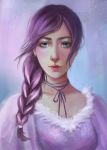  1girl blue_eyes braid choker closed_mouth commentary dress english_commentary eyelashes looking_at_viewer nose original pink_lips purple_choker purple_dress purple_hair ribbon_choker shiro-hane side_braid single_braid solo 