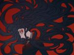  angry big_eyes black_clothes black_hair blouse dangan_ronpa dangan_ronpa_3 grey_blouse highres kamukura_izuru lazychaidui long_hair nose red_background red_eyes red_neckwear super_dangan_ronpa_2 