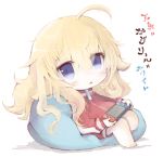  1girl ahoge bean_bag_chair blonde_hair blue_eyes character_name chibi controller gabriel_dropout game_controller holding_controller jacket long_hair messy_hair nintendo_switch sitting solo taipe_pepe tenma_gabriel_white track_jacket white_background 