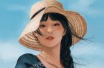  1girl bangs black_eyes black_hair black_ribbon blue_shirt braid commentary day english_commentary hat hat_ribbon highres original parted_bangs parted_lips photo-referenced pink_lips portrait ribbon shiro-hane shirt side_braid single_braid solo straw_hat sun_hat sunlight teeth 