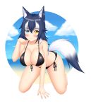  1girl all_fours animal_ears bangs bare_legs bare_shoulders bikini black_bikini black_hair blue_eyes blush breasts cleavage collarbone commentary english_commentary eyebrows_visible_through_hair front-tie_bikini front-tie_top grey_wolf_(kemono_friends) hair_between_eyes hand_up heterochromia highres kemono_friends keshigomu large_breasts looking_at_viewer multicolored_hair paw_pose side-tie_bikini smile solo swimsuit tail two-tone_hair white_hair wolf_ears wolf_tail yellow_eyes 