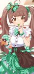 ahoge bangs blouse blunt_bangs bow brown_eyes brown_hair brown_skirt buttons commentary crossed_legs eyebrows_visible_through_hair food frilled_shirt_collar frills green_bow green_legwear green_ribbon green_scrunchie hair_bow hakozaki_serika highres holding holding_food ice_cream_cone idolmaster idolmaster_million_live! idolmaster_million_live!_theater_days inuyama_nanami long_hair looking_at_viewer mouth_hold multicolored multicolored_clothes pointing pointing_up polka_dot ribbon scrunchie shirt_tucked_in sidelocks skirt smile tile_floor tiles twintails white_blouse white_scrunchie wrist_scrunchie 