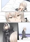  2girls ahoge armor armored_dress artoria_pendragon_(all) bangs bed blanket breasts cape comic commentary dark_background dress eyebrows_visible_through_hair fate/grand_order fate_(series) fur_trim ginhaha hair_ribbon headpiece indoors jeanne_d&#039;arc_(alter)_(fate) jeanne_d&#039;arc_(fate)_(all) large_breasts long_hair multiple_girls pillow ribbon saber_alter short_hair silent_comic silver_hair standing sweatdrop waking_up yellow_eyes 