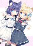  2girls :d :o animal_ear_fluff animal_ears belt belt_buckle black_belt black_hair black_legwear blonde_hair blue_bow blue_eyes blush bow buckle cat_ears claw_pose collared_shirt commentary_request dress_shirt epaulettes fang grey_shirt grey_skirt hair_bow hair_ornament hairclip hand_holding hands_up highres interlocked_fingers long_sleeves looking_at_viewer multiple_girls open_mouth parted_lips pink_background pleated_skirt polka_dot polka_dot_background rukiroki sasugano_roki sasugano_ruki shirt skirt sleeves_past_wrists smile thigh-highs two-tone_background usashiro_mani virtual_youtuber white_background white_belt white_shirt white_skirt 