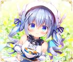  1girl bangs bare_shoulders blue_eyes blush center_frills commentary cup detached_sleeves drill_hair eyebrows_visible_through_hair gochuumon_wa_usagi_desu_ka? hair_between_eyes hair_ornament hat kafuu_chino kirara_fantasia long_hair looking_at_viewer plate puffy_detached_sleeves puffy_sleeves sasai_saji smile solo tea teacup twintails upper_body x_hair_ornament 