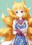  1girl animal_ears blonde_hair crossed_arms dress fox_ears fox_tail frills green_background highres kitsune kyuubi long_sleeves multiple_tails no_hat no_headwear open_mouth ruu_(tksymkw) simple_background solo tabard tail touhou white_dress yakumo_ran yellow_eyes 