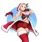  alternate_costume amados bare_shoulders blonde_hair boots breasts christmas cleavage curly_hair fur_trim gloves green_eyes highres hood kanzuki_karin medium_breasts midriff navel red_gloves shorts street_fighter street_fighter_v thigh-highs thigh_boots 