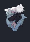  1boy black_background black_pants dangan_ronpa dangan_ronpa_3 feet green_coat highres komaeda_nagito lazychaidui medium_hair no_shoes pants sad shirt super_dangan_ronpa_2 white_hair white_shirt 