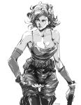  1girl belt breasts chaps cleavage collarbone david_liu desert_eagle detached_sleeves fingerless_gloves gloves greyscale gun handgun holding holding_gun holding_weapon looking_at_viewer meryl_silverburgh metal_gear_(series) metal_gear_solid monochrome official_style pants shinkawa_youji_(style) short_hair solo tank_top weapon 