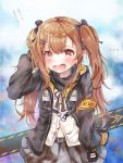  !! ... 1girl absurdres arm_up armband bangs belt belt_buckle black_bow black_gloves black_jacket blurry blurry_background blush bow brown_hair brown_ribbon buckle commentary depth_of_field dress_shirt eyebrows_visible_through_hair fingerless_gloves girls_frontline gloves grey_belt grey_skirt hair_between_eyes hair_bow hair_ornament hairclip highres jacket long_hair long_sleeves looking_at_viewer mutang neck_ribbon open_clothes open_jacket open_mouth pleated_skirt puffy_long_sleeves puffy_sleeves red_eyes ribbon shirt skirt solo twintails ump9_(girls_frontline) very_long_hair white_shirt 