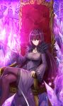  1girl absurdres bangs breasts diadem dress eyebrows_visible_through_hair fate/grand_order fate_(series) fur-trimmed_dress hair_between_eyes highres holding holding_wand jewelry legs_crossed long_dress long_hair long_sleeves medium_breasts necklace pantyhose purple_dress purple_hair purple_legwear red_eyes scathach_(fate)_(all) scathach_skadi_(fate/grand_order) shiny shiny_hair sitting smile solo twit_eg0 very_long_hair wand 