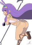  1girl animal_ears ass bangs bikini cross-laced_footwear egyptian_clothes facepaint fang fate/grand_order fate_(series) from_behind hair_ribbon hairband high_heels jackal_ears jewelry long_hair looking_back nitocris_(fate/grand_order) open_mouth purple_hair ribbon sandals scepter signature simple_background solo standing standing_on_one_leg swimsuit thong_bikini tress_ribbon tsukigi violet_eyes white_background white_bikini 