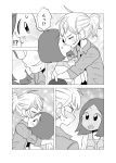  2girls absurdres blush comic error full-face_blush greyscale highres hug kamioka_saki kiss mochi_au_lait monochrome multiple_girls original ponytail sparkle_background sweat tsuchiyamada_mitsuko yuri 