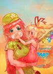  2girls absurdres bag baozi bare_arms blonde_hair blue_sky bracelet braid carrying child_carry china_dress chinese_clothes crystal dress earrings eyebrows_visible_through_hair fang feeding flandre_scarlet food gradient_sky green_dress green_eyes green_hat hair_tubes hat hat_ribbon highres hong_meiling jewelry long_hair multiple_girls open_mouth orange_sky pointy_ears red_dress red_eyes red_footwear red_ribbon redhead ribbon shoes short_eyebrows short_sleeves side_ponytail sitting sky socks star strapless strapless_dress thick_eyebrows touhou twin_braids very_long_hair white_legwear wings yst 