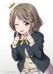  1girl ;p artist_name beige_cardigan black_jacket blazer brown_hair cardigan commentary crescent crescent_hair_ornament crown drawn_crown fingers_to_cheeks hair_ornament highres jacket long_sleeves looking_at_viewer love_live! love_live!_school_idol_project nakasu_kasumi neck_ribbon nijigasaki_academy_uniform notice_lines one_eye_closed partially_unbuttoned perfect_dream_project plaid plaid_skirt pleated_skirt ribbon school_uniform short_hair skirt sleeves_past_wrists solo star star_hair_ornament surufuji tongue tongue_out violet_eyes white_skirt yellow_neckwear 