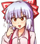  1girl :&gt; :d bangs blush bow collarbone commentary eyebrows_visible_through_hair eyelashes flying_sweatdrops fujiwara_no_mokou hair_bow hand_up long_hair long_sleeves looking_at_viewer open_mouth red_eyes shirt silver_hair simple_background smile solo suspenders touhou upper_body white_background white_bow white_shirt wing_collar wool_(miwol) 