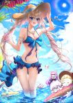 :d arm_strap bikini blue_bikini blue_eyes blue_sky blush breasts character_name character_request cleavage clouds collarbone fate/grand_order fate_(series) floating_hair front-tie_bikini front-tie_top hat hat_ribbon hm_(wonhml) jewelry long_hair marie_antoinette_(fate/grand_order) marie_antoinette_(swimsuit_caster)_(fate) medium_breasts multiple_girls navel necklace open_mouth ribbon shiny shiny_hair silver_hair sky smile standing straw_hat striped striped_ribbon sun_hat sunlight swimsuit very_long_hair wading 