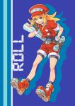  1girl behind_ear belt bike_shorts bike_shorts_under_shorts blonde_hair blue_background breasts brown_gloves cabbie_hat capcom character_name full_body gloves green_eyes hair_between_eyes hand_on_hip hat index_finger_raised long_hair okome_(liveokome) pencil red_footwear red_shorts rockman rockman_dash roll_caskett short_shorts short_sleeves shorts sidelocks simple_background small_breasts smile solo teeth wrench 