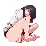  1girl bare_legs barefoot black_hair blue_eyes blue_hair cardigan feet highres long_sleeves miniskirt pleated_skirt school_uniform scrunchie simple_background sitting skirt solo ssss.gridman takarada_rikka toes white_background 