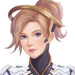  1girl absurdres bangs blonde_hair commentary english_commentary headset high_ponytail highres lips looking_at_viewer mechanical_halo mercy_(overwatch) overwatch parted_bangs portrait shiro-hane short_hair simple_background solo weibo_username white_background 
