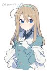  1girl ahoge blue_bow blue_eyes blue_jacket bow brown_hair closed_mouth collared_shirt copyright_request gloves hair_bow hairband hand_up ikeuchi_tanuma jacket long_hair long_sleeves looking_at_viewer off_shoulder shirt solo upper_body white_gloves wing_collar 