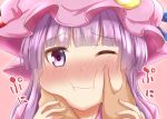  1girl bangs blue_ribbon blunt_bangs blush commentary_request crescent crescent_moon_pin eyebrows_visible_through_hair hand_holding hands_on_another&#039;s_cheeks hands_on_another&#039;s_face hat hat_ribbon looking_at_viewer one_eye_closed patchouli_knowledge purple_hair ram_hachimin red_ribbon ribbon simple_background touhou translated upper_body violet_eyes 