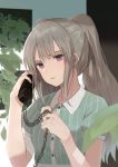  1girl bandage bandaged_arm bandages bandaid bandaid_on_face bangs buttons cable casual collared_shirt corded_phone green_shirt grey_hair hands_up head_tilt highres holding holding_phone idolmaster idolmaster_shiny_colors leaf long_hair looking_at_viewer mxwbr parted_lips phone plant shirt short_sleeves sidelocks solo striped striped_shirt talking_on_phone twintails upper_body violet_eyes yuukoku_kiriko 