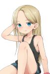  1girl arm_support arm_up bangs bare_arms bare_shoulders black_tank_top blonde_hair blue_eyes blue_shorts blush borrowed_character closed_mouth collarbone commentary_request eyebrows_visible_through_hair fang fang_out forehead highres long_hair looking_at_viewer original parted_bangs pink_scrunchie scrunchie short_shorts shorts simple_background sitting smile solo tank_top very_long_hair white_background wrist_scrunchie yakihebi 