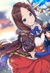  1girl :p bangs blue_eyes blue_gloves breasts brown_hair closed_mouth clouds commentary_request elbow_gloves eyebrows_visible_through_hair fate/grand_order fate_(series) forehead gloves highres hitsujibane_shinobu leonardo_da_vinci_(fate/grand_order) long_hair long_sleeves outdoors parted_bangs puff_and_slash_sleeves puffy_long_sleeves puffy_sleeves red_skirt skirt sky small_breasts smile solo staff star sunset tongue tongue_out very_long_hair 