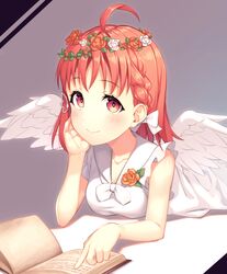  1girl ahoge angel_wings bangs blush book bow braid chin_rest collarbone corsage dress feathered_wings flower hair_bow head_wreath kyouou_ena looking_at_viewer love_live! love_live!_sunshine!! lying neckerchief on_stomach open_book orange_eyes orange_flower orange_hair pointing short_hair side_braid smile solo takami_chika white_bow white_dress white_neckwear white_wings wing_hair_ornament wings 