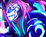  1girl absurdres akali colored_eyelashes glowing gorro_azul hat highres holding k/da_(league_of_legends) k/da_akali league_of_legends mask multicolored_hair pink_hair signature smile solo spray_can yellow_eyes 