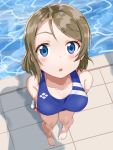  1girl barefoot blue_eyes blue_swimsuit blush breasts brown_hair cleavage collarbone commentary competition_swimsuit day eyebrows_visible_through_hair from_above full_body goggles grey_hair highres holding looking_at_viewer love_live! love_live!_sunshine!! male_swimwear medium_breasts one-piece_swimsuit open_mouth outdoors pool poolside qwyte shadow short_hair solo swim_cap_removed swimsuit swimwear watanabe_you water 