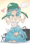  1girl bandaid bandaid_on_arm bare_shoulders blue_hair bruise cable closed_eyes clothes_around_waist cucumber dirty dirty_clothes dirty_face food full_body gloves green_hat grin hair_bobbles hair_ornament hammer hat heart highres holding holding_food injury jacket_around_waist kawashiro_nitori kawayabug kneeling musical_note pocket radio_antenna screwdriver smile solo speech_bubble spoken_musical_note sweat tank_top touhou white_tank_top wrench 