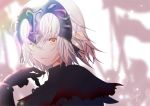  1girl bangs black_dress blurry blurry_background brown_eyes chains closed_mouth commentary_request depth_of_field dress eyebrows_visible_through_hair fate/grand_order fate_(series) gauntlets hair_between_eyes hand_up headphones jeanne_d&#039;arc_(alter)_(fate) jeanne_d&#039;arc_(fate)_(all) long_hair looking_at_viewer looking_to_the_side sheepd signature silver_hair solo upper_body 