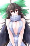  1girl ahoge bare_arms bare_shoulders black_hair black_wings bow breast_press breasts cleavage commentary_request covered_mouth dress feathered_wings g_(desukingu) green_bow hair_between_eyes hair_bow head_tilt highres huge_breasts looking_at_viewer red_eyes reiuji_utsuho ribbed_sweater simple_background sleeveless solo sweater sweater_dress touhou turtleneck turtleneck_sweater upper_body v_arms white_background wings 