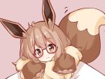  1girl :3 animal_ears bangs blush brown_background brown_eyes brown_hair closed_mouth creatures_(company) eevee eyebrows_visible_through_hair fur game_freak gen_1_pokemon hair_between_eyes head_tilt highres long_sleeves looking_at_viewer nintendo personification pokemon pokemon_(game) pokemon_lgpe puffy_long_sleeves puffy_sleeves red-framed_eyewear scarlet_dango semi-rimless_eyewear simple_background solo tail_raised under-rim_eyewear 