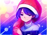  1girl :3 commentary doremy_sweet english_commentary eyebrows_visible_through_hair eyes_visible_through_hair hat light_smile looking_at_viewer nightcap pom_pom_(clothes) portrait purple_hair short_hair solo speckticuls touhou violet_eyes 