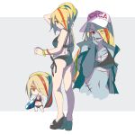  1girl ass bare_shoulders baseball_cap bikini black_bikini black_jacket blonde_hair breasts cleavage collarbone eyes_visible_through_hair grey_background hair_over_one_eye hat high_ponytail index_finger_raised jacket long_hair long_sleeves mitu_yang multicolored_hair multiple_views navel nikaidou_saki off_shoulder open_clothes open_jacket orange_eyes ponytail puffy_long_sleeves puffy_sleeves red_eyes redhead side-tie_bikini sleeves_past_wrists small_breasts stomach_scar streaked_hair swimsuit two-tone_background very_long_hair white_background white_hat zombie zombie_land_saga 