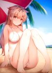  1girl absurdres arm_support ass bangs bare_arms bare_legs beach beach_mat beach_umbrella bikini blonde_hair blurry blurry_background blush breasts cleavage collarbone gradient_hair hair_flaps hair_ornament hair_ribbon highres kantai_collection long_hair looking_at_viewer messy_hair multicolored_hair nyum outdoors red_eyes remodel_(kantai_collection) ribbon sand shade side-tie_bikini sidelocks sitting smile solo swimsuit thighs umbrella white_bikini yuudachi_(kantai_collection) 