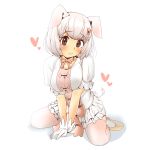  1girl animal_ears bow chabo-kun eyebrows_visible_through_hair gloves good_meat_day hair_ornament hairclip heart highres kemono_friends neck_ribbon pig_(kemono_friends) pig_ears pig_tail pink_hair pink_legwear puffy_short_sleeves puffy_sleeves ribbon short_hair short_sleeves simple_background skirt solo tail thigh-highs white_background white_gloves 